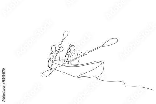 man woman couple together boat kayak canoe water sport lifestyle one line art design vector