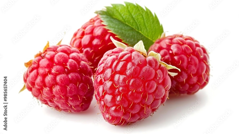 Fresh Red Raspberries with Green Leaf Isolated on White Background Fresh Red Raspberries with Green Leaf Isolated on White Background