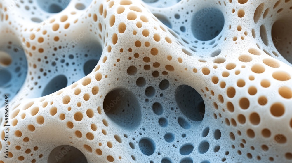 Abstract 3D render of a porous, textured surface with rounded holes in light and dark blue and white. Abstract 3D render of a porous, textured surface with rounded holes in light and dark blue and white.