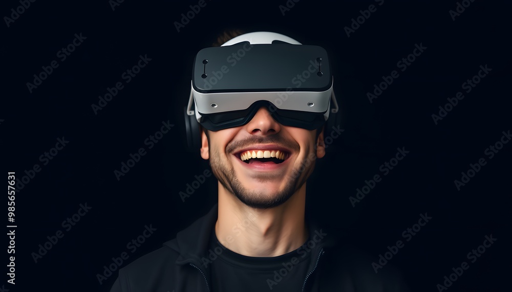 A man wearing a VR headset smiling and looking up A man wearing a VR headset smiling and looking up