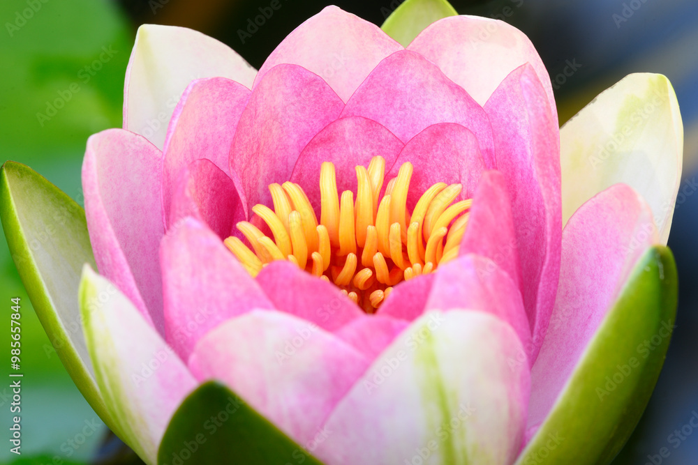 Pink and yellow waterlily blooming on a pond Pink and yellow waterlily blooming on a pond