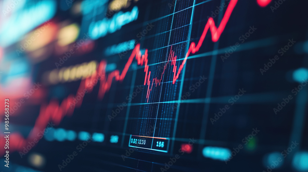 Close-up of digital screen showing downward-trending line graph symbolizing Fed rate cut, surrounded by financial charts and news headlines, key financial indicator visualization. Close-up of digital screen showing downward-trending line graph symbolizing Fed rate cut, surrounded by financial charts and news headlines, key financial indicator visualization.