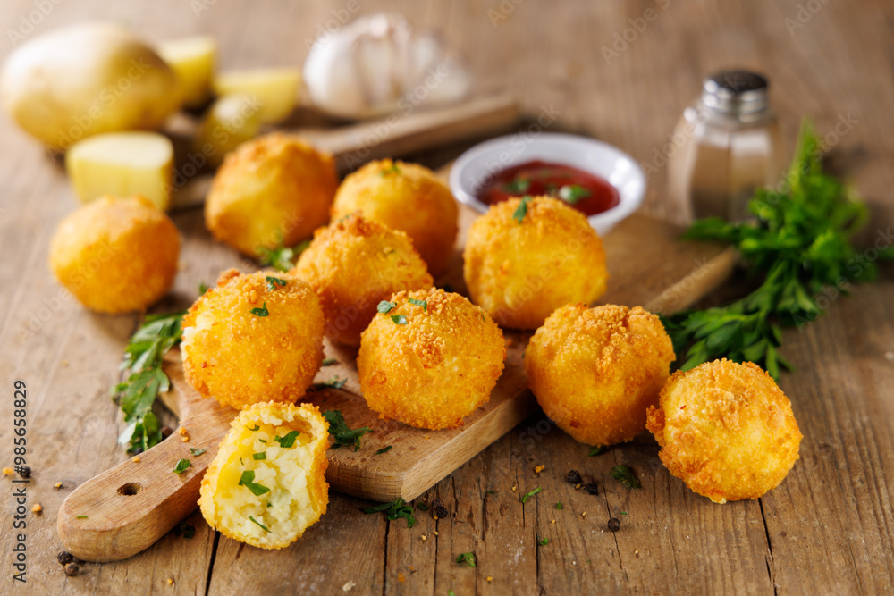 Deep Fried Potato Balls with Herbs and Ketchup – Tasty Snack on Wooden Background Deep Fried Potato Balls with Herbs and Ketchup – Tasty Snack on Wooden Background