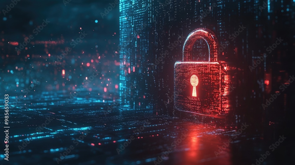 Digital padlock with binary code on a futuristic background Digital padlock with binary code on a futuristic background