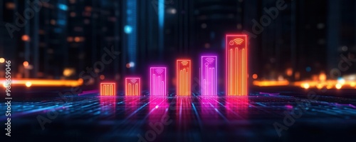 Colorful digital graph representing growth and progress in a modern cityscape, showcasing data visualization and technology.