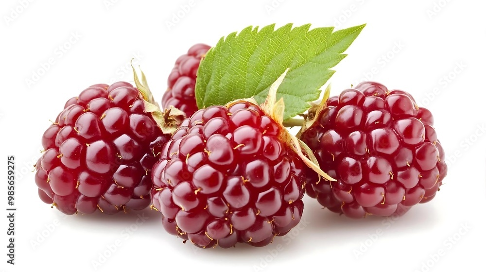 Fresh Ripe Red Blackberries with Green Leaf Isolated on White Background Fresh Ripe Red Blackberries with Green Leaf Isolated on White Background