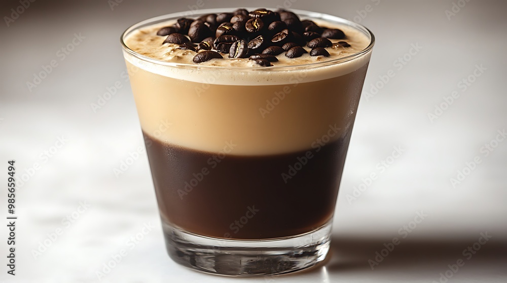 A sleek Espresso Martini in a martini glass, dark coffee tones topped with coffee beans, set against a clean white background, soft lighting, elegant and minimal look. --ar 16:9 --no logo A sleek Espresso Martini in a martini glass, dark coffee tones topped with coffee beans, set against a clean white background, soft lighting, elegant and minimal look. --ar 16:9 --no logo