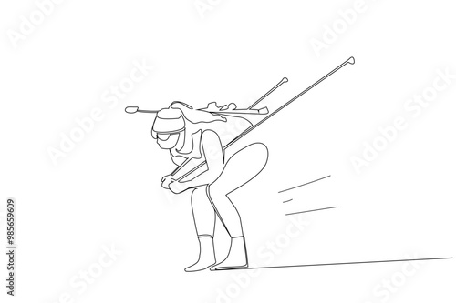 biathlon woman professional athlete ski gun shot target sport one line art design vector