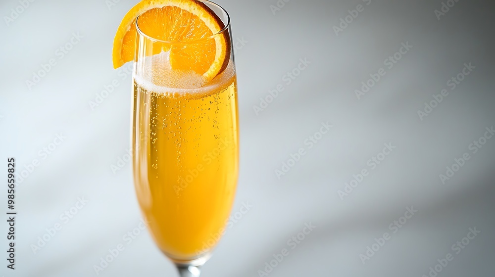 A tall mimosa cocktail in a champagne flute, light orange tones, garnished with a slice of orange, sparkling bubbles, on a pristine white background, bright lighting, clean and minimal composition. A tall mimosa cocktail in a champagne flute, light orange tones, garnished with a slice of orange, sparkling bubbles, on a pristine white background, bright lighting, clean and minimal composition.