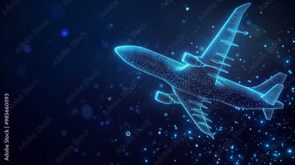 Futuristic glowing airplane with network connections in space low poly Futuristic glowing airplane with network connections in space low poly