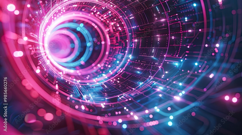 Obraz premium Magenta and cyan neon wallpaper with pixel circuits and soft light effects creating a retro arcade-inspired backdrop