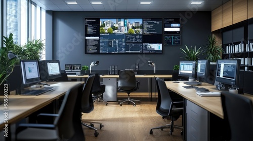 Modern office environment with integrated security cameras and real-time monitoring systems