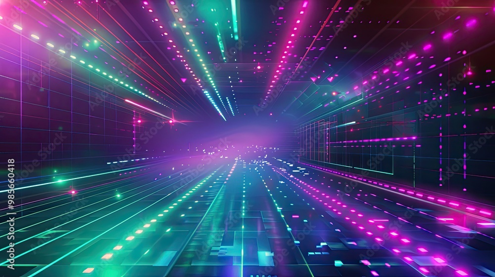 Neon background with green and purple gradients pixel art and glitch effects creating an 80s feel Neon background with green and purple gradients pixel art and glitch effects creating an 80s feel