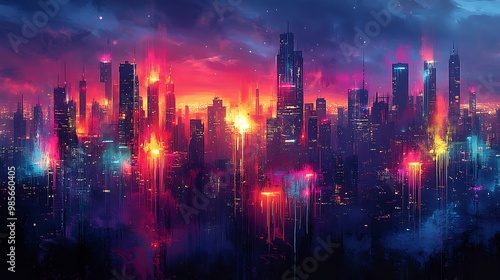 Futuristic graffiti cityscape, with bold street art patterns and dripping neon colors covering the buildings, abstract urban shapes glowing under city lights,