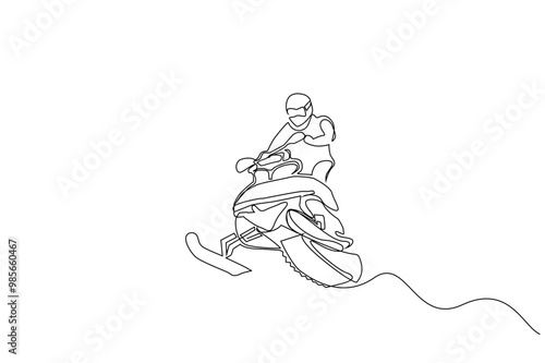 man winter driving snow vehicle snowmobile sports activity lifestyle one line art design