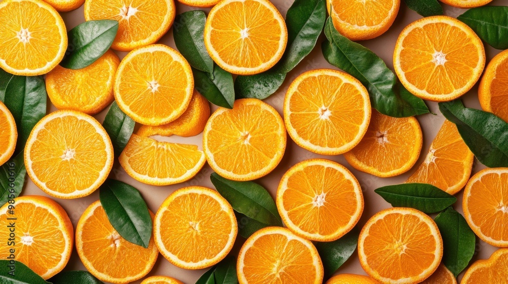 Fresh orange slices with green leaves arranged in a pattern on a brown background. Fresh orange slices with green leaves arranged in a pattern on a brown background.