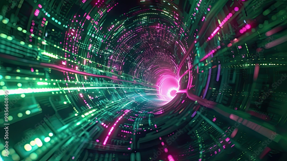 Obraz premium Futuristic neon backdrop with a vortex of green and pink pixel circuitry and glowing lights