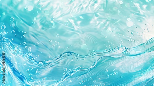 Swirling aqua waves with water splashes and bubble patterns on a refreshing summer-themed backdrop