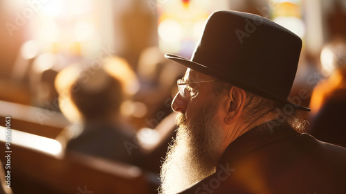 Man wearing traditional black hat, sitting in sunlight, blurred background with warm tones, cultural lifestyle concept