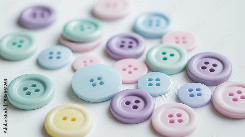 Colorful, pastel buttons scattered on white background, various sizes and shapes, soft light, crafting concept