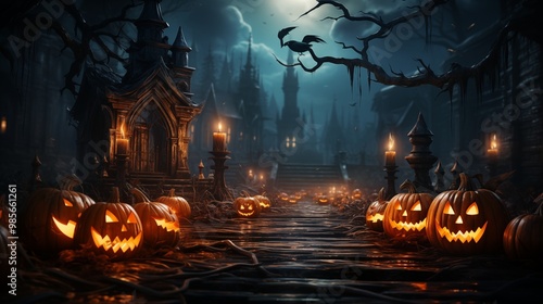 Halloween pumpkin head jack lantern with burning candles, Spooky Forest with a full moon and wooden table, Pumpkins In Graveyard In The Spooky Night - Halloween Backdrop. photo