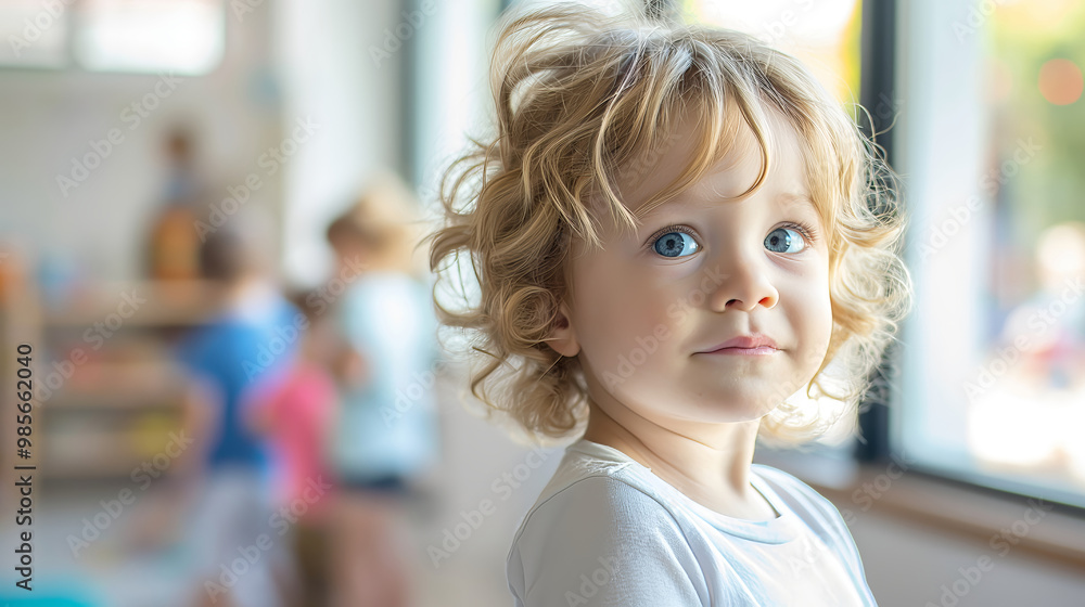 Curly haired child looking thoughtful near window with other kids playing in background, childhood innocence concept Curly haired child looking thoughtful near window with other kids playing in background, childhood innocence concept