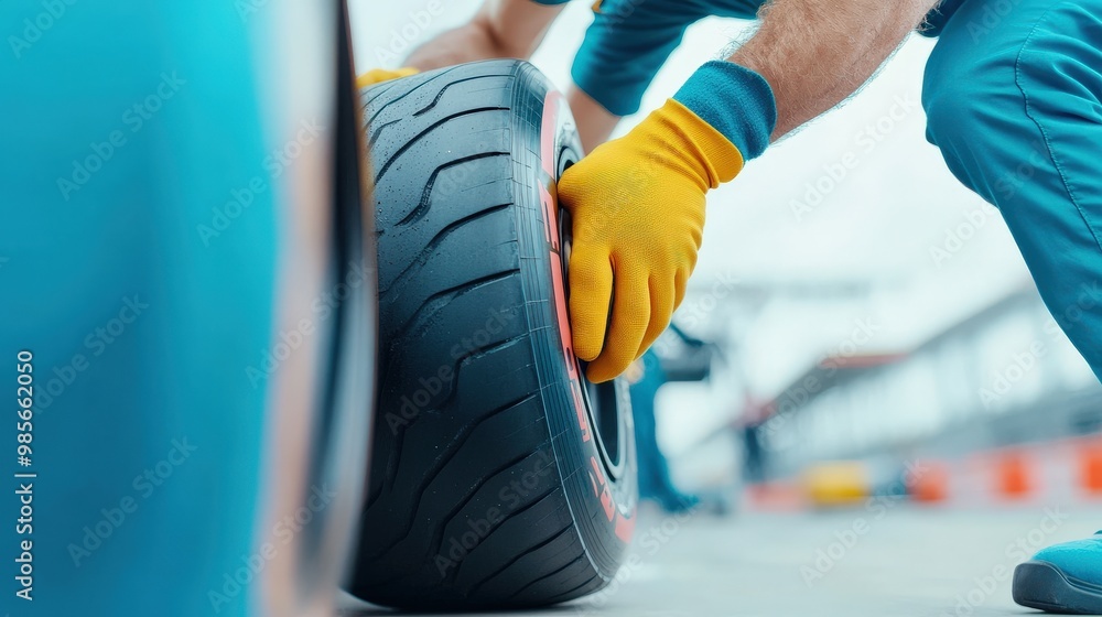 A mechanic is changing a tire, wearing gloves, and focusing on the task in a garage environment. A mechanic is changing a tire, wearing gloves, and focusing on the task in a garage environment.