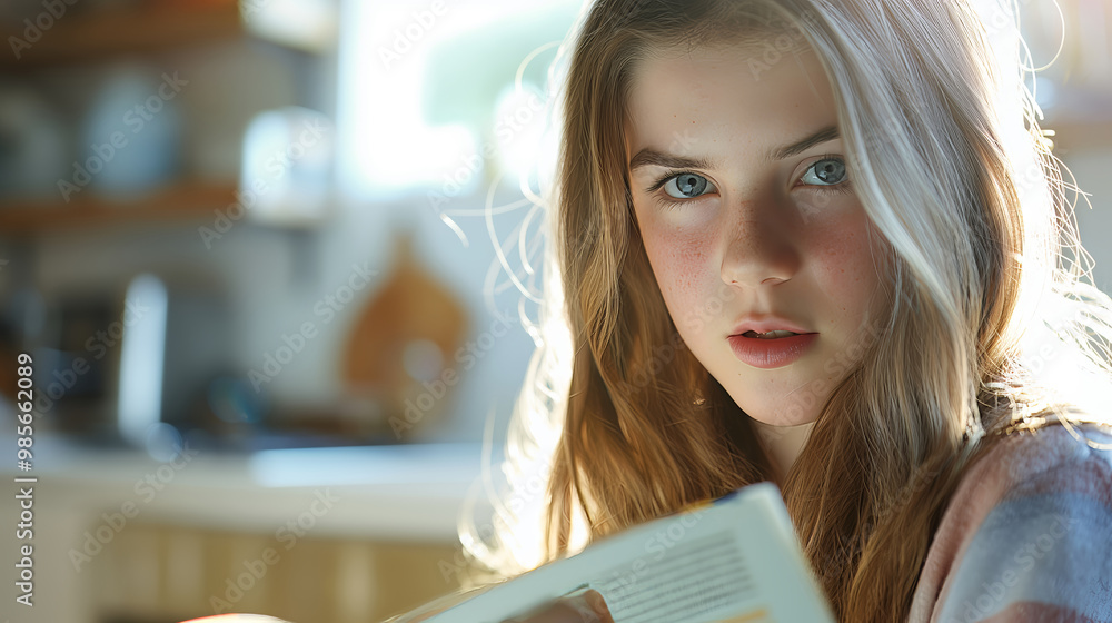 Young girl with blonde hair reading a book in cozy home interior, focused expression, book reading concept Young girl with blonde hair reading a book in cozy home interior, focused expression, book reading concept