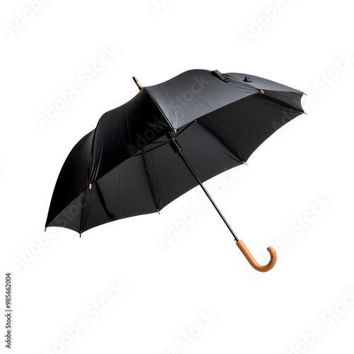 Elegant black umbrella with a curved handle, isolated on a white background, transparent background.