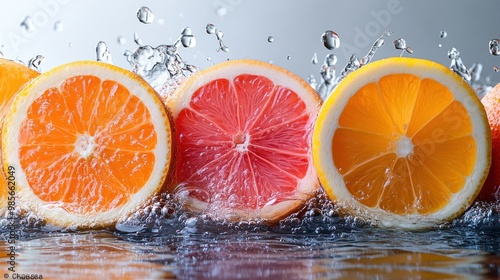 Fresh citrus fruits splashing in water, showcasing vibrant colors.