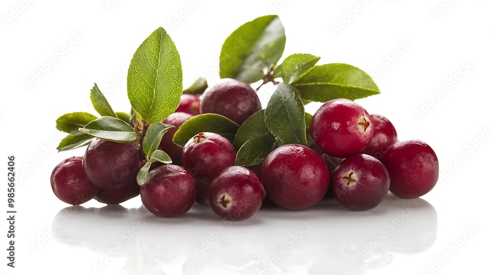 Fresh Red Cranberries with Green Leaves on White Background Fresh Red Cranberries with Green Leaves on White Background