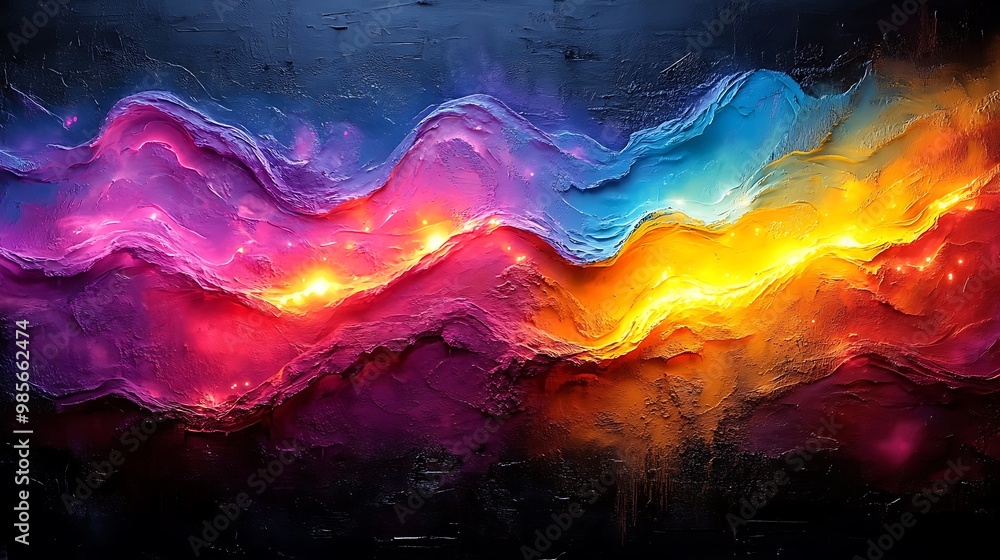 Graffiti strokes flowing together like musical waves, neon colors splashing in rhythmic bursts across a rough urban wall, abstract shapes moving in harmony with bold spray-paint patterns, Graffiti strokes flowing together like musical waves, neon colors splashing in rhythmic bursts across a rough urban wall, abstract shapes moving in harmony with bold spray-paint patterns,
