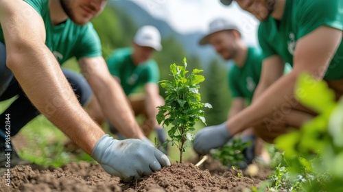 Volunteers plant young trees in a lush landscape, promoting environmental sustainability and community engagement.