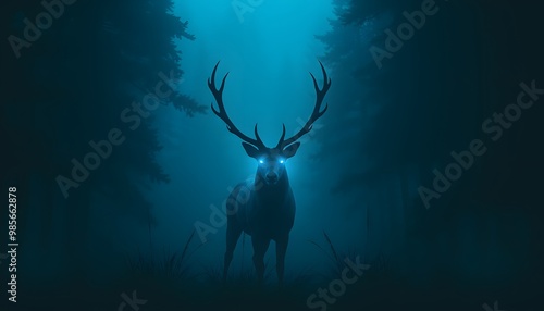 A Silhouetted Stag With Glowing Eyes in a Dark Forest