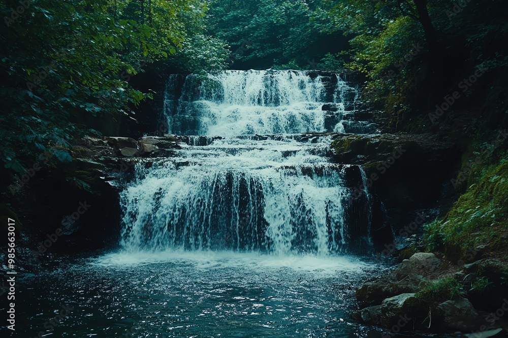 Naklejka premium Majestic Waterfall Cascading Through Lush Forest.