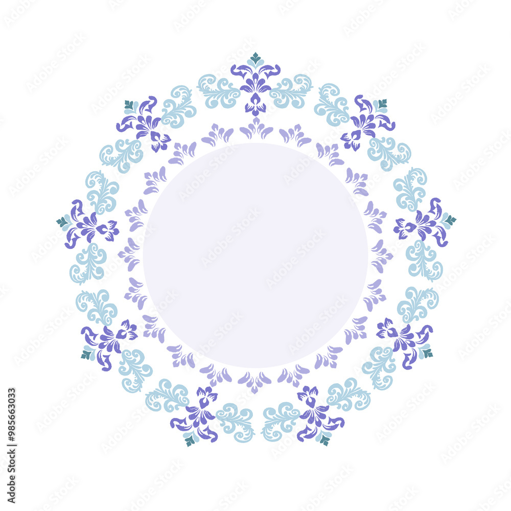 Floral circle wreath, ikat vector flowers pattern element design. A template for printing postcards, invitations, door decoration, party, books, textiles, engraving, wooden furniture, and placemats. 
