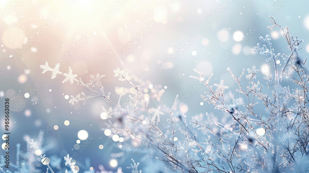 Snowflake-like patterns and light orbs on a sky blue-grey gradient for a winter scene Snowflake-like patterns and light orbs on a sky blue-grey gradient for a winter scene