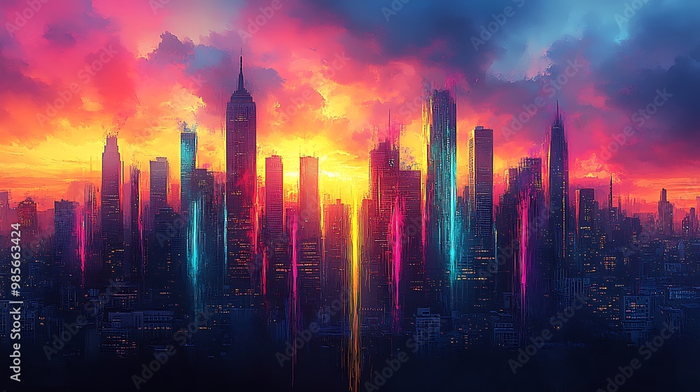 Graffiti-style city skyline at sunset, bold abstract skyscraper shapes filled with vibrant spray-paint patterns, neon colors dripping down the buildings, dark city textures beneath the colorful chaos, Graffiti-style city skyline at sunset, bold abstract skyscraper shapes filled with vibrant spray-paint patterns, neon colors dripping down the buildings, dark city textures beneath the colorful chaos,