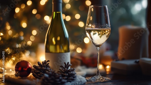 Flaschen mit wein und glas weiÃwein in weihnachtlicher deko genuÃ weihnachten trinken feiern photo