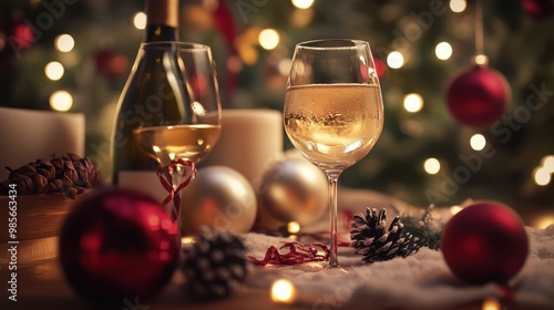 Flaschen mit wein und glas weiÃwein in weihnachtlicher deko genuÃ weihnachten trinken feiern photo