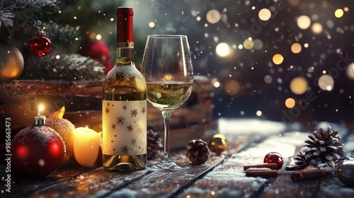 Flaschen mit wein und glas weiÃwein in weihnachtlicher deko genuÃ weihnachten trinken feiern photo