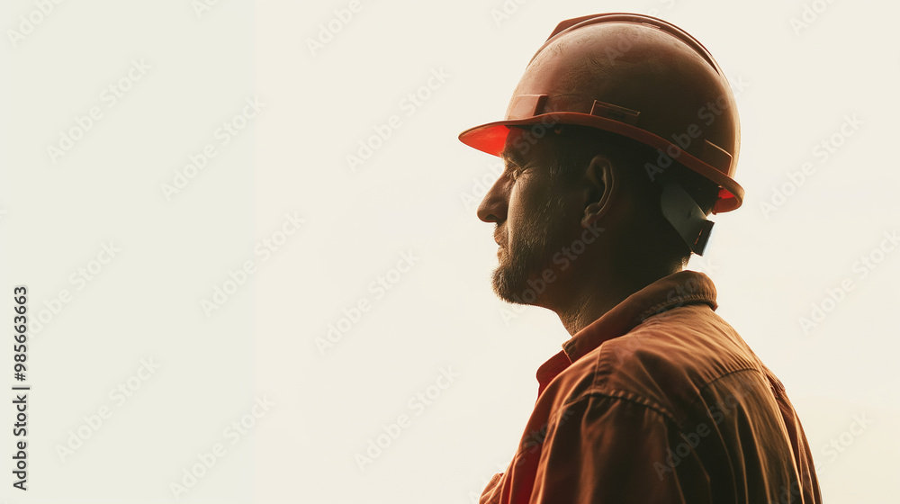 Construction worker in hard hat, side view, silhouette, professional builder, orange helmet, safety first concept Construction worker in hard hat, side view, silhouette, professional builder, orange helmet, safety first concept