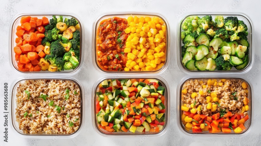 Portion-controlled containers of prepped meals with balanced portions of vegetables, grains, and proteins Portion-controlled containers of prepped meals with balanced portions of vegetables, grains, and proteins