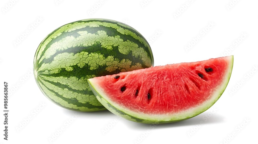 Fresh Watermelon Slice and Whole Fruit Isolated on White Background Fresh Watermelon Slice and Whole Fruit Isolated on White Background