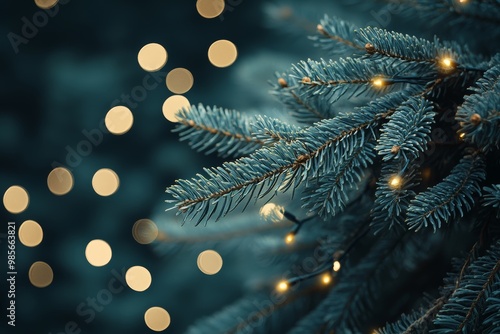 Softly glowing lights create a warm ambiance on a lush evergreen tree during a peaceful winter evening