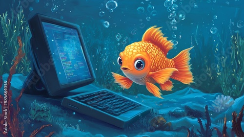 A surprised goldfish swims near a laptop computer that has been submerged underwater.