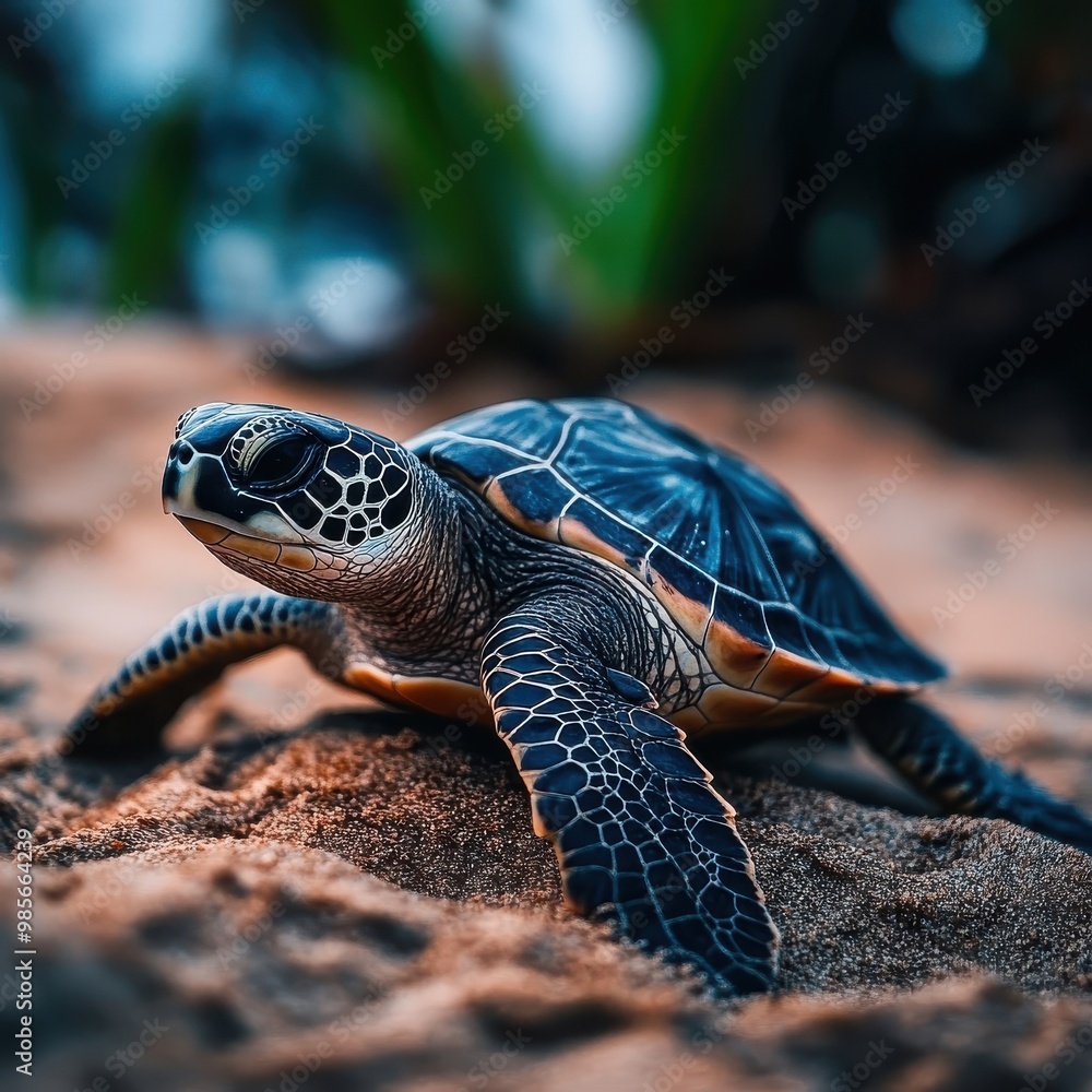 A turtle slowly moving across a beach, with its shell contrasting against the sandy landscape.