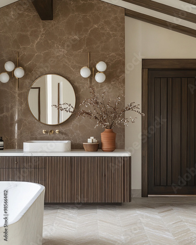 a highly detailed editorial photograph of a bright grand master bedroom with a tall ceiling