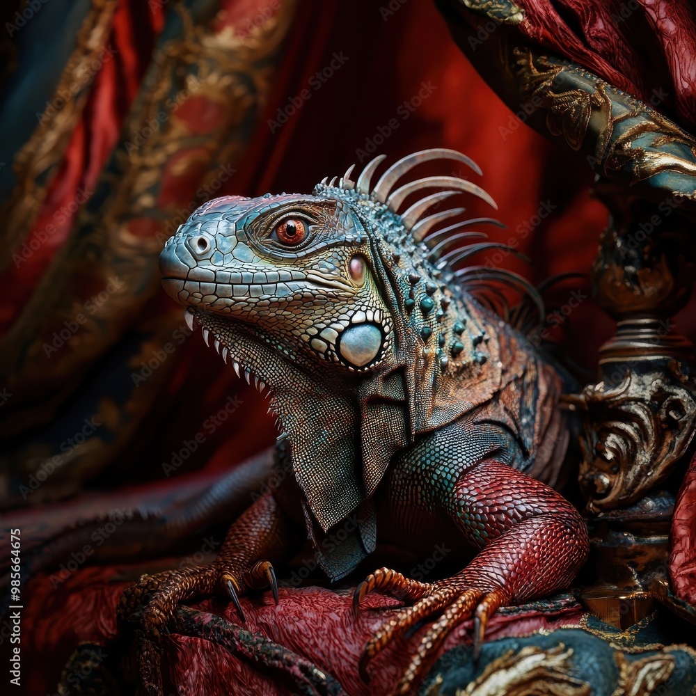 Fototapeta premium An iguana in an opulent setting, surrounded by luxurious curtains and elegant decor elements.