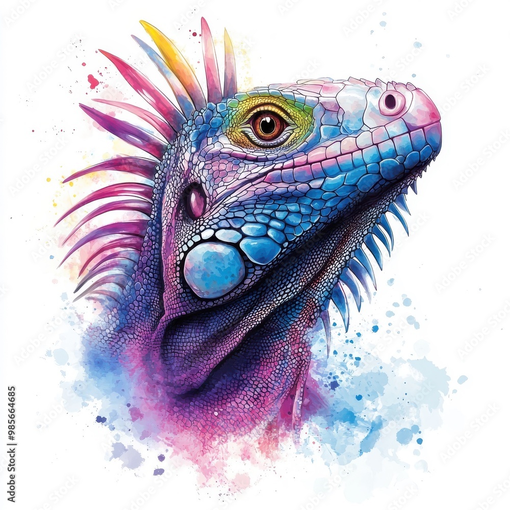 An iguana illustrated in watercolor style, capturing its vibrant colors and textured scales with soft, blended hues. An iguana illustrated in watercolor style, capturing its vibrant colors and textured scales with soft, blended hues.